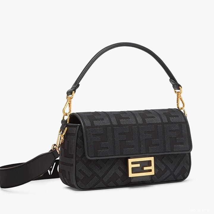Affordable HOT In Canvas Strap Medium Bag Motif Black Cut with Laser Baguette Fendi FF 0725